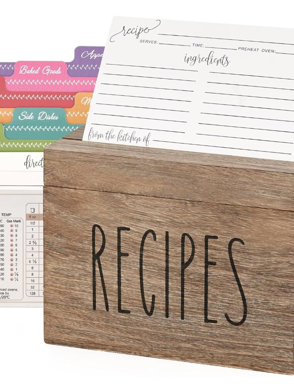 Wooden Recipe Box Set with 100 Recipe Cards 4x6 and 6 Dividers, Brown